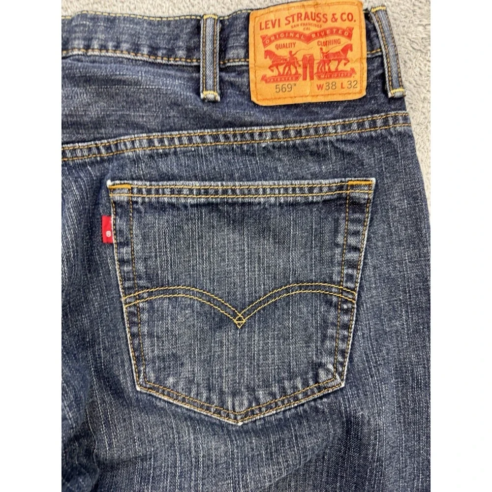 Levis‎ 569 Jeans Men 38x32 Blue Loose Baggy Straight Whisker Distress Dark Denim
